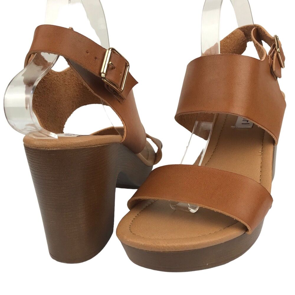 Madden Girl Platform Sandals Block Heel Brown Faux Leather Wood Look Retro Sz 10